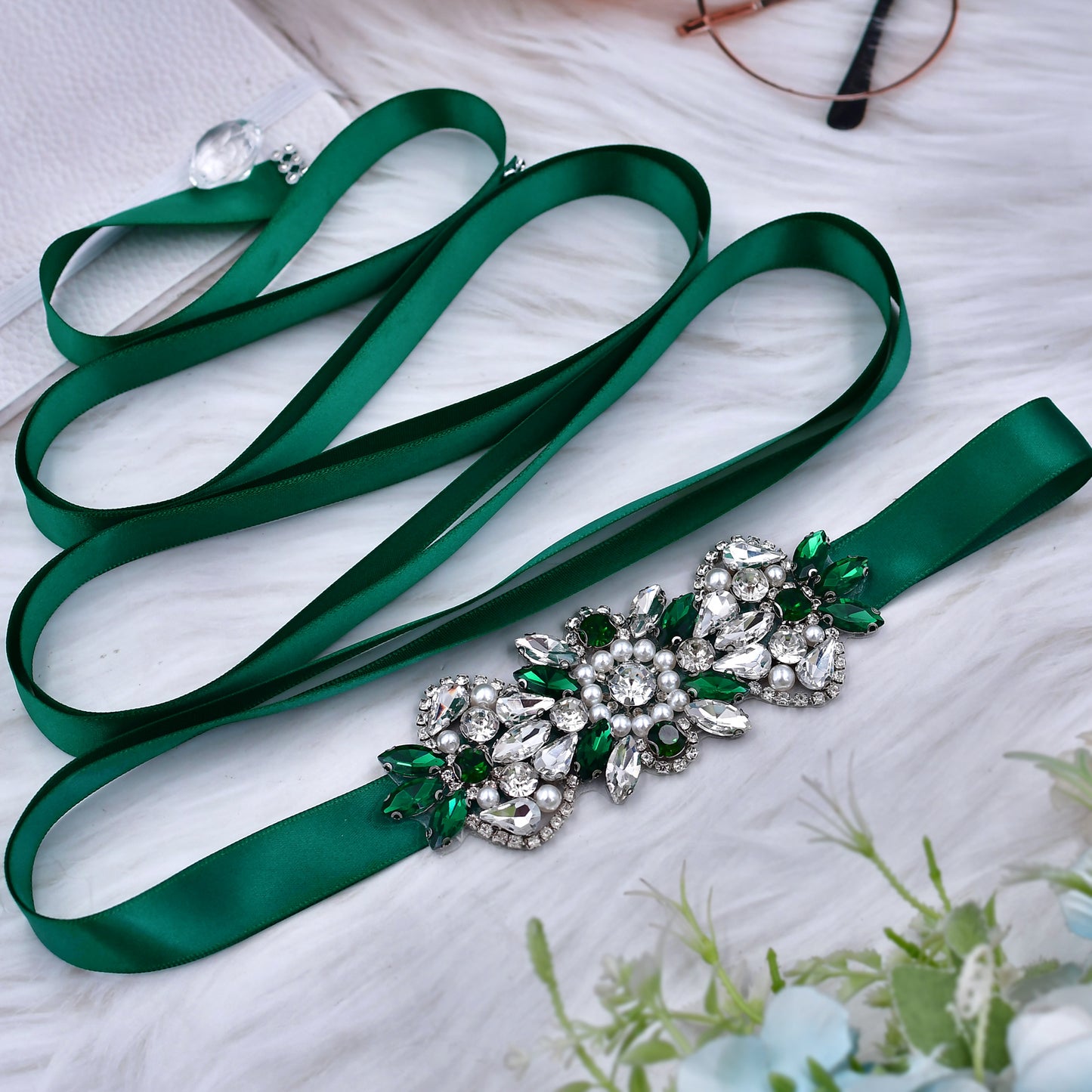 BRIDELLA BS86KL Ink Green Water Diamond Waist Belt For Slimming Mid Year Celebration Annual Meeting Hosts Dress Belt