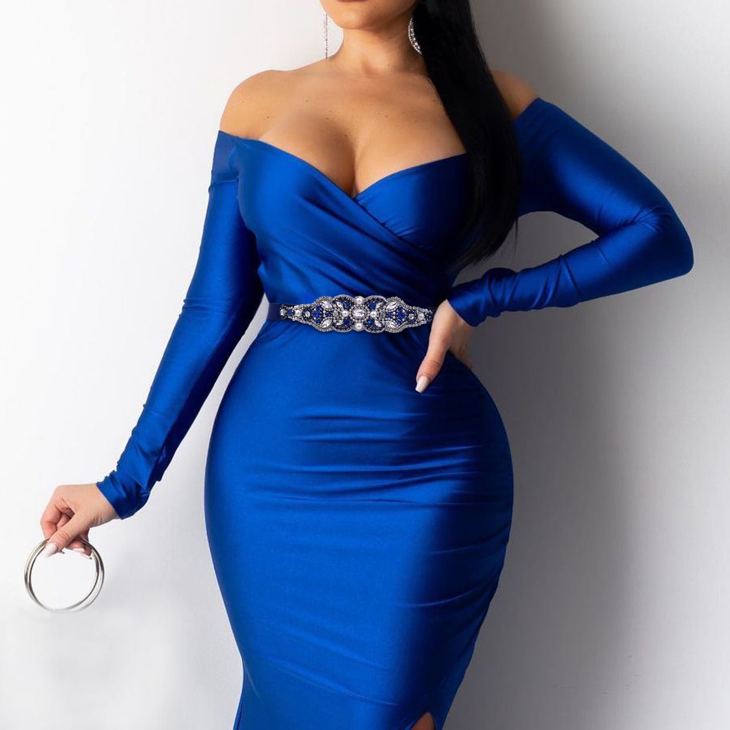 BRIDELLA BS87ML Ink Blue Sparkling Rhinestone Waist Decoration Accessory For Women Versatile Accessories
