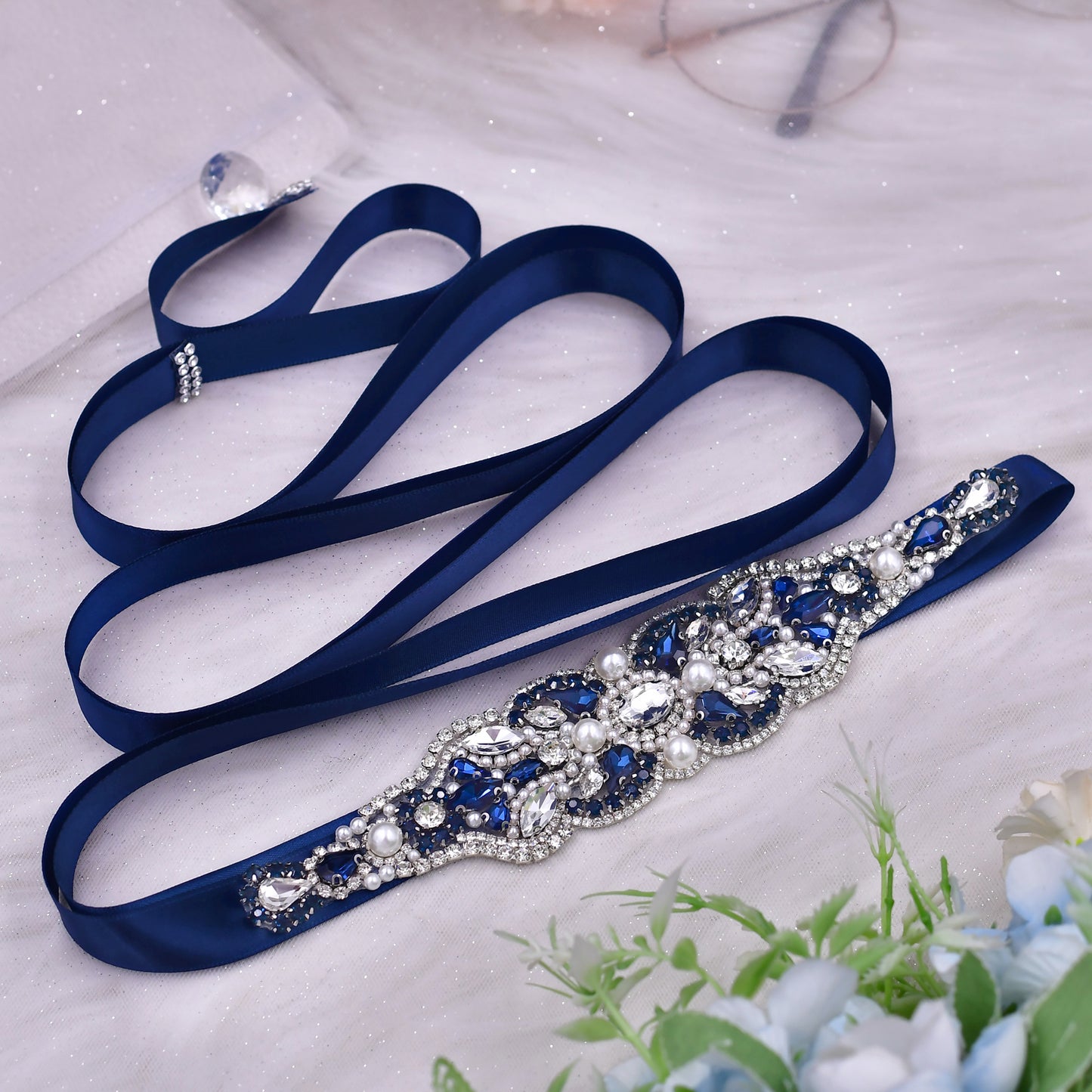 BRIDELLA BS87ML Ink Blue Sparkling Rhinestone Waist Decoration Accessory For Women Versatile Accessories