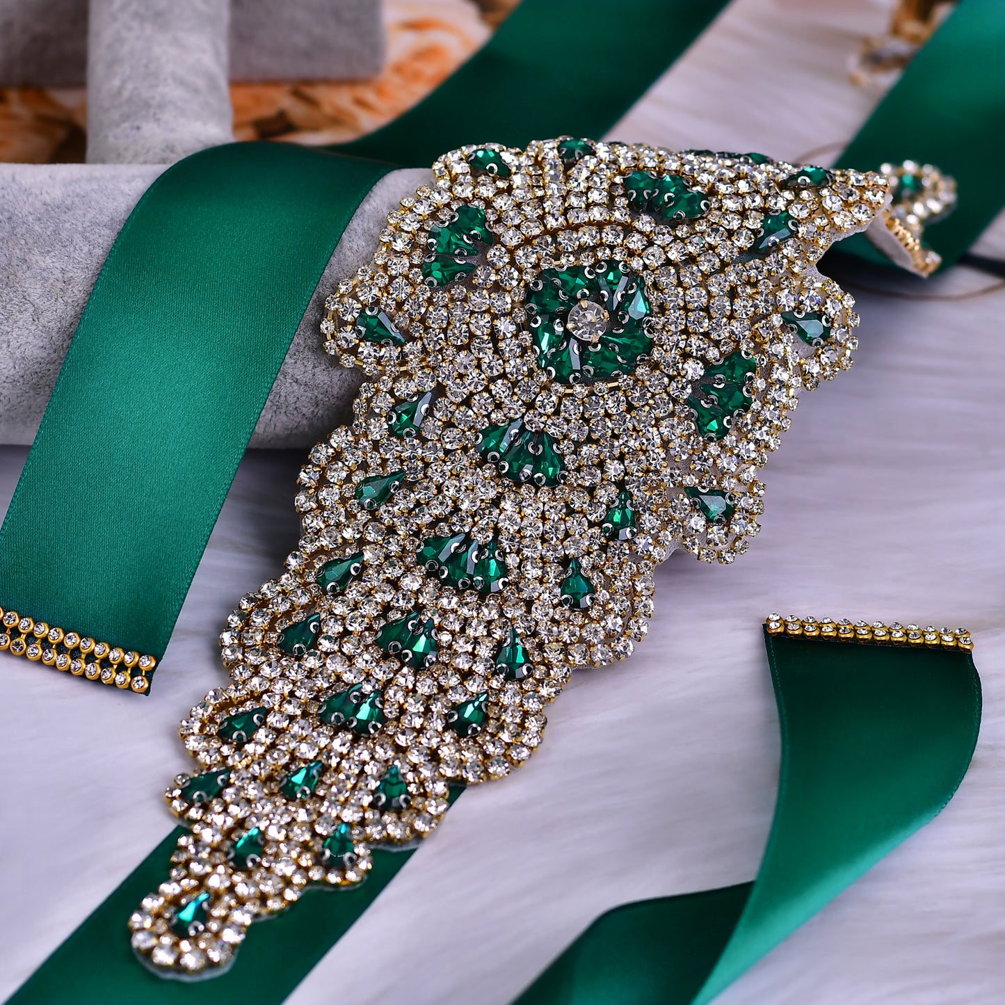BRIDELLA BS88GKL Luxurious Widened Full Diamond Banquet Dark Green Satin Belt Enhances Party Styling