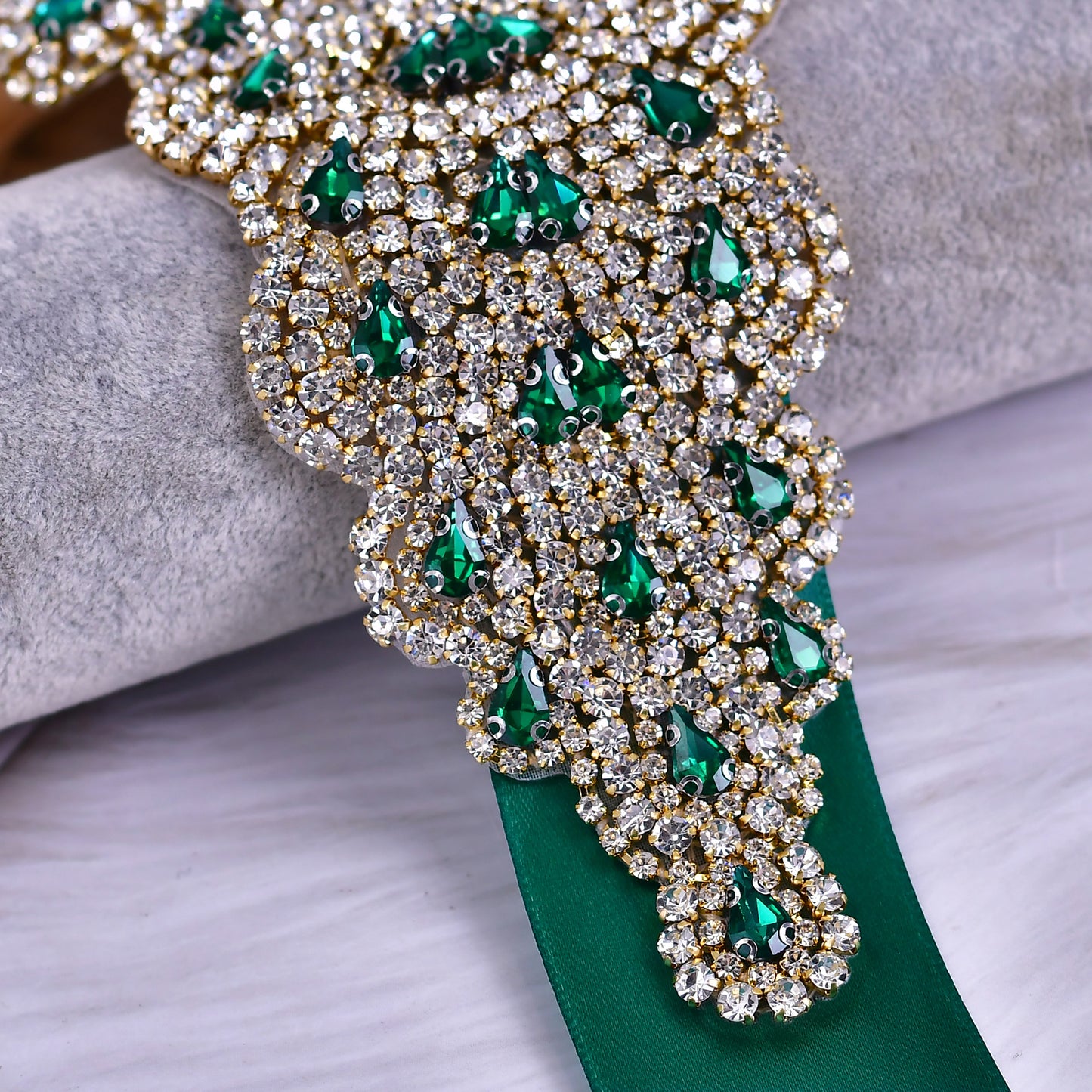 BRIDELLA BS88GKL Luxurious Widened Full Diamond Banquet Dark Green Satin Belt Enhances Party Styling