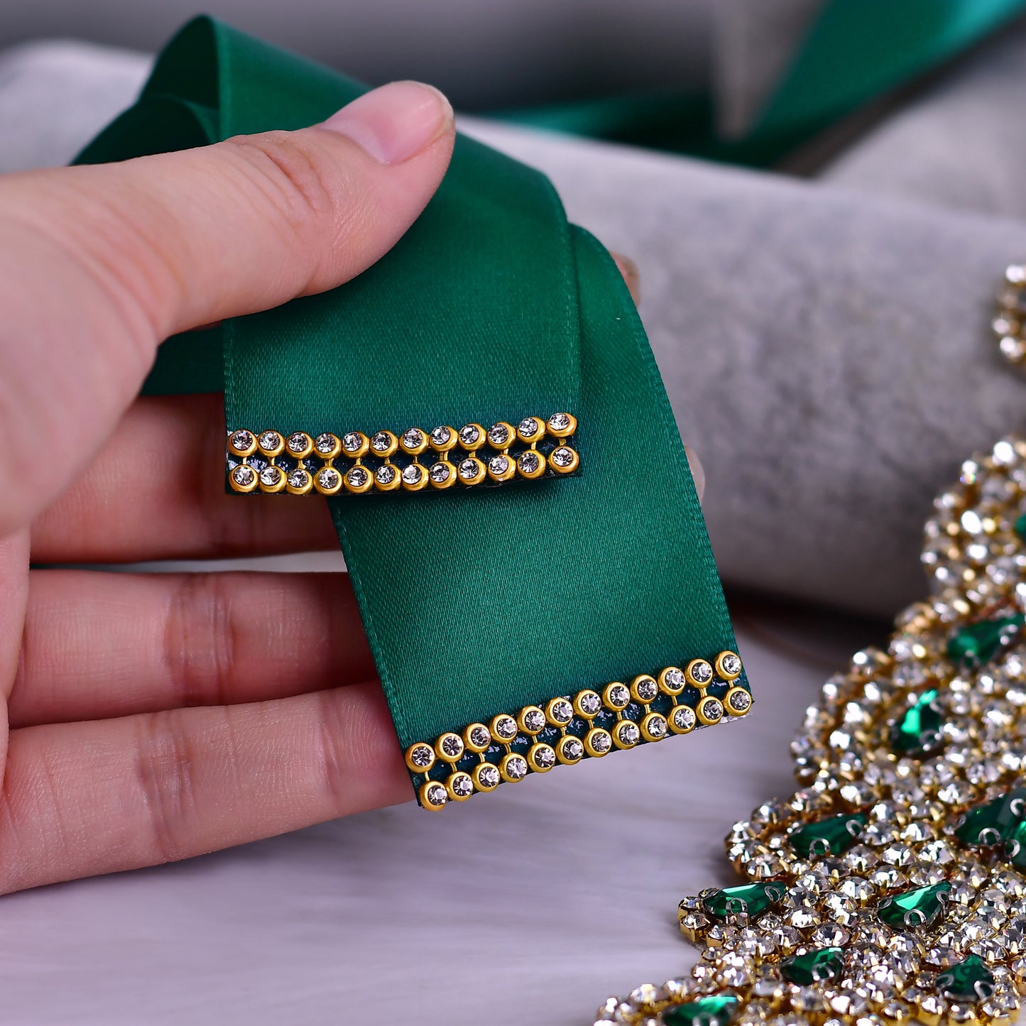 BRIDELLA BS88GKL Luxurious Widened Full Diamond Banquet Dark Green Satin Belt Enhances Party Styling