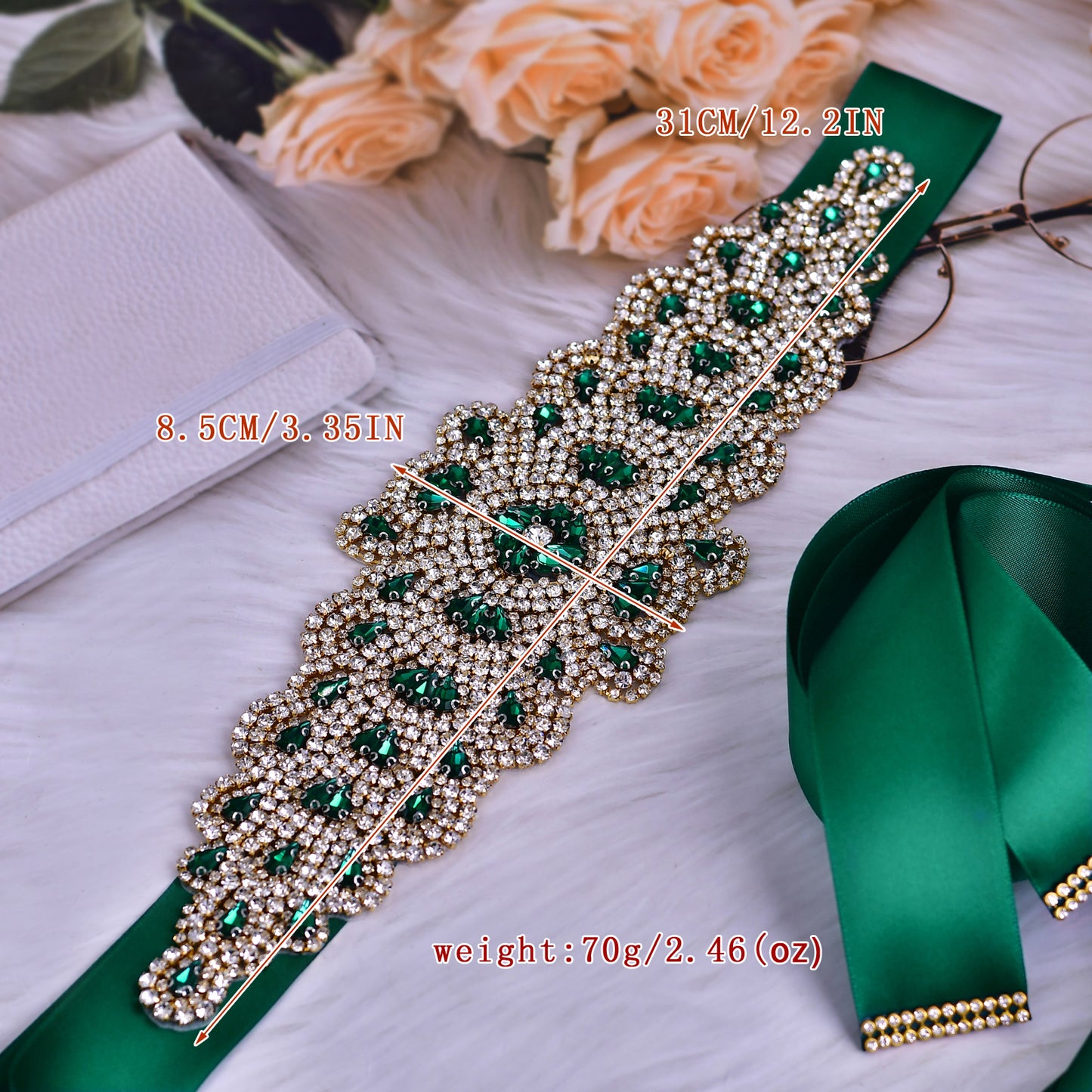 BRIDELLA BS88GKL Luxurious Widened Full Diamond Banquet Dark Green Satin Belt Enhances Party Styling