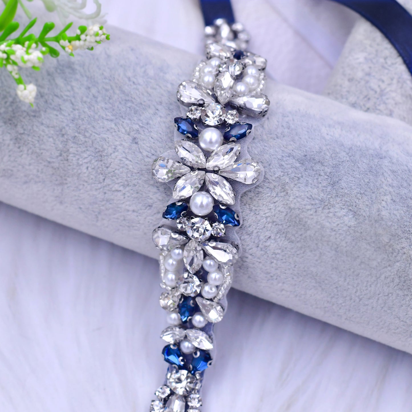 BRIDELLA BS93ML Dark Blue Dress Belt With Rhinestone Bow Tie