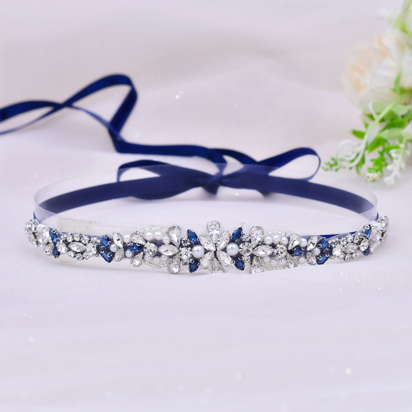 BRIDELLA BS93ML Dark Blue Dress Belt With Rhinestone Bow Tie
