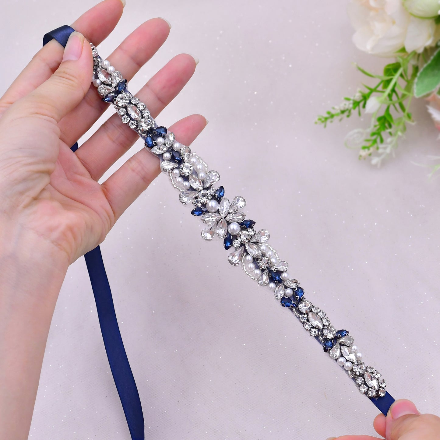BRIDELLA BS93ML Dark Blue Dress Belt With Rhinestone Bow Tie