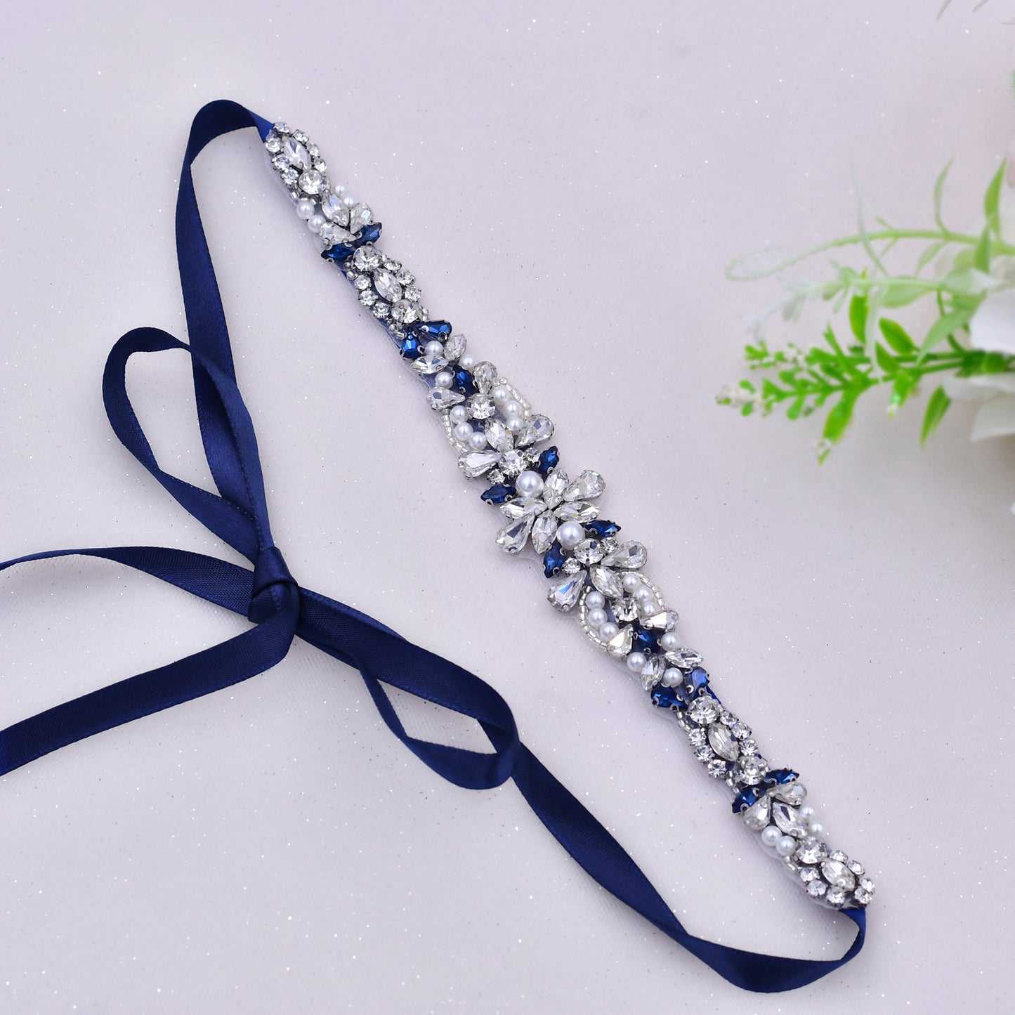 BRIDELLA BS93ML Dark Blue Dress Belt With Rhinestone Bow Tie