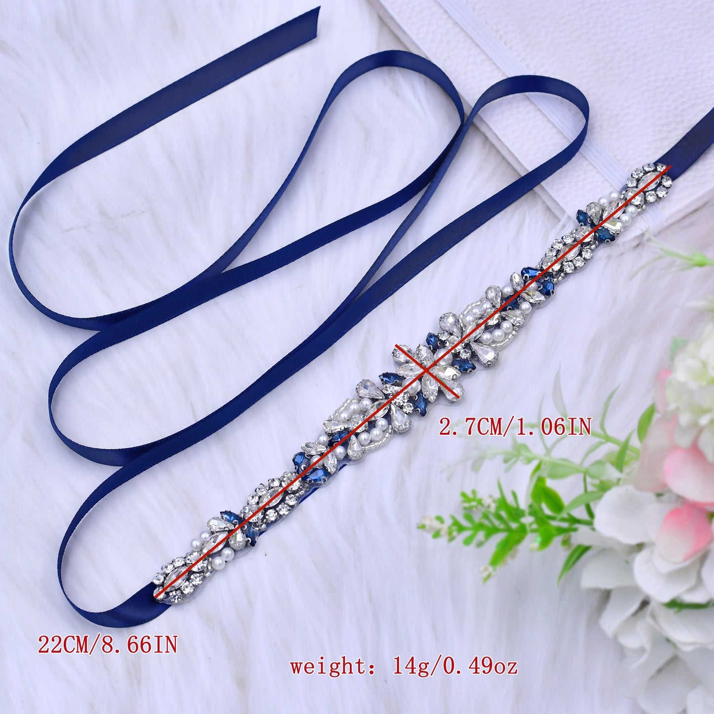 BRIDELLA BS93ML Dark Blue Dress Belt With Rhinestone Bow Tie