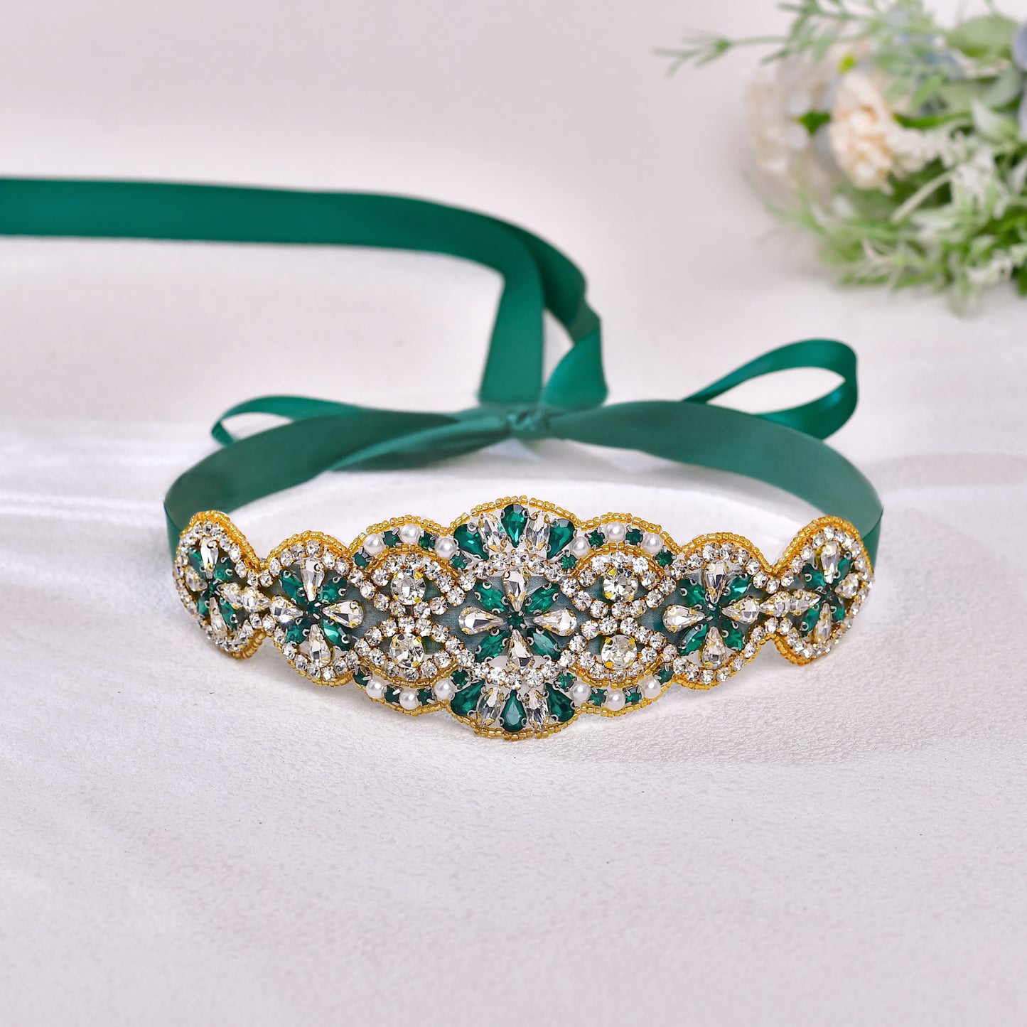 BRIDELLA BS94KL Party Dress Waist Decoration Womens Western Emerald Green Rhinestone Belt