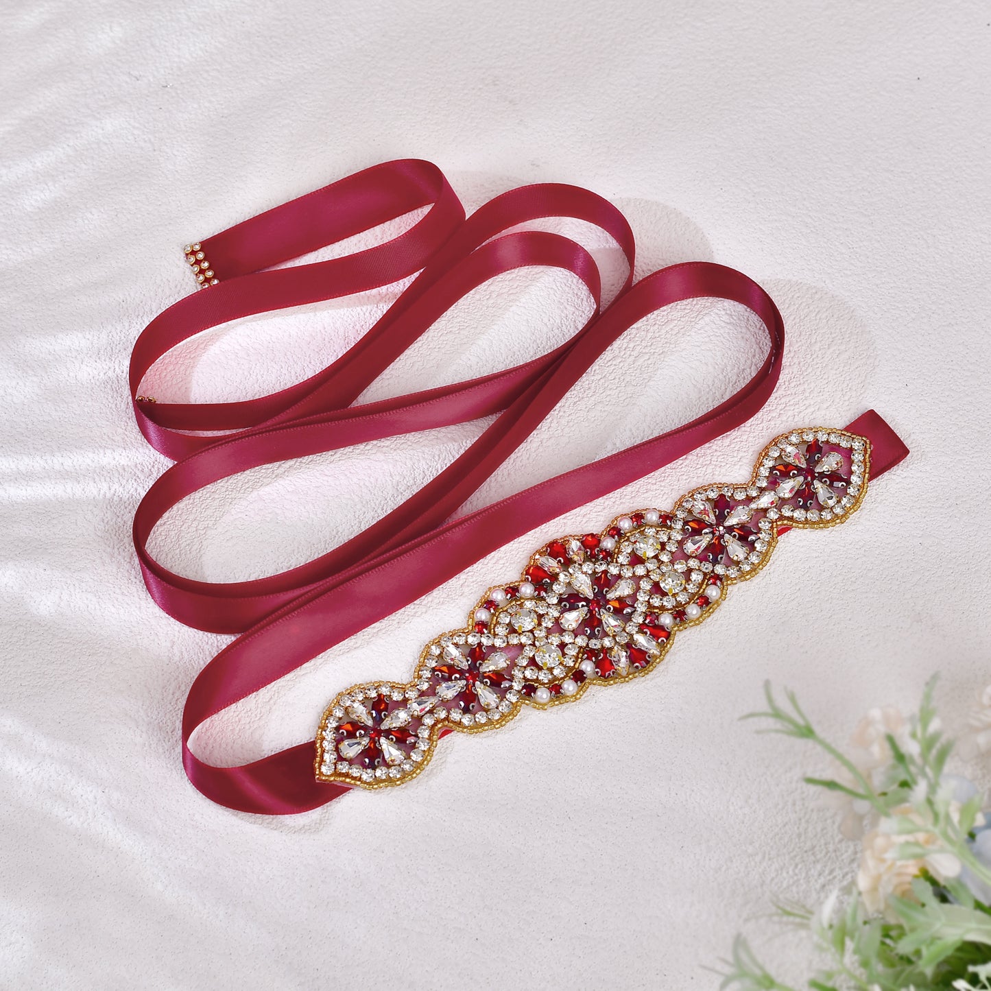 BRIDELLA BS94R Ladies Formal Dress With Wine Red Waistband And Waist Accessories Inlaid With Rhinestones Shining Brightly