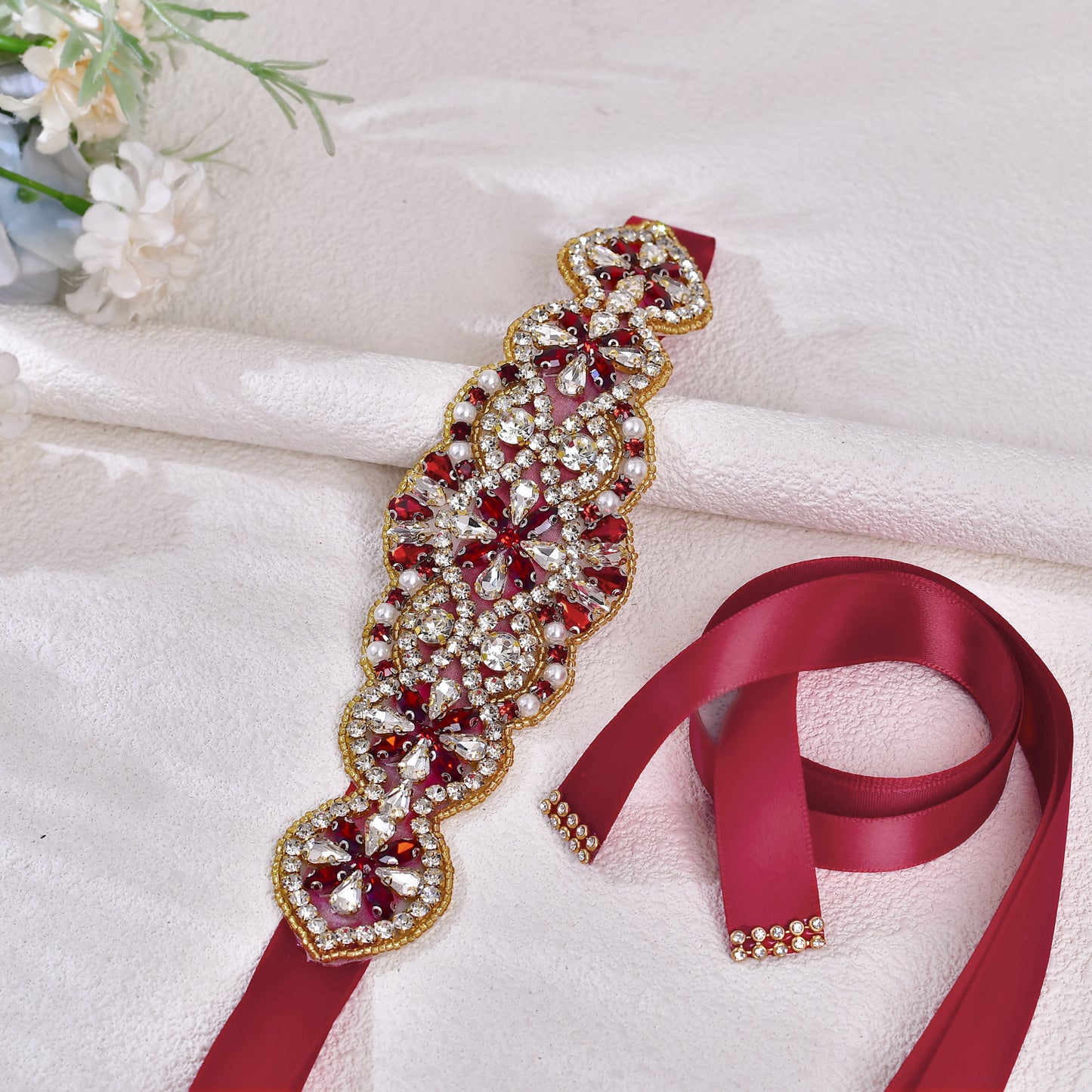 BRIDELLA BS94R Ladies Formal Dress With Wine Red Waistband And Waist Accessories Inlaid With Rhinestones Shining Brightly