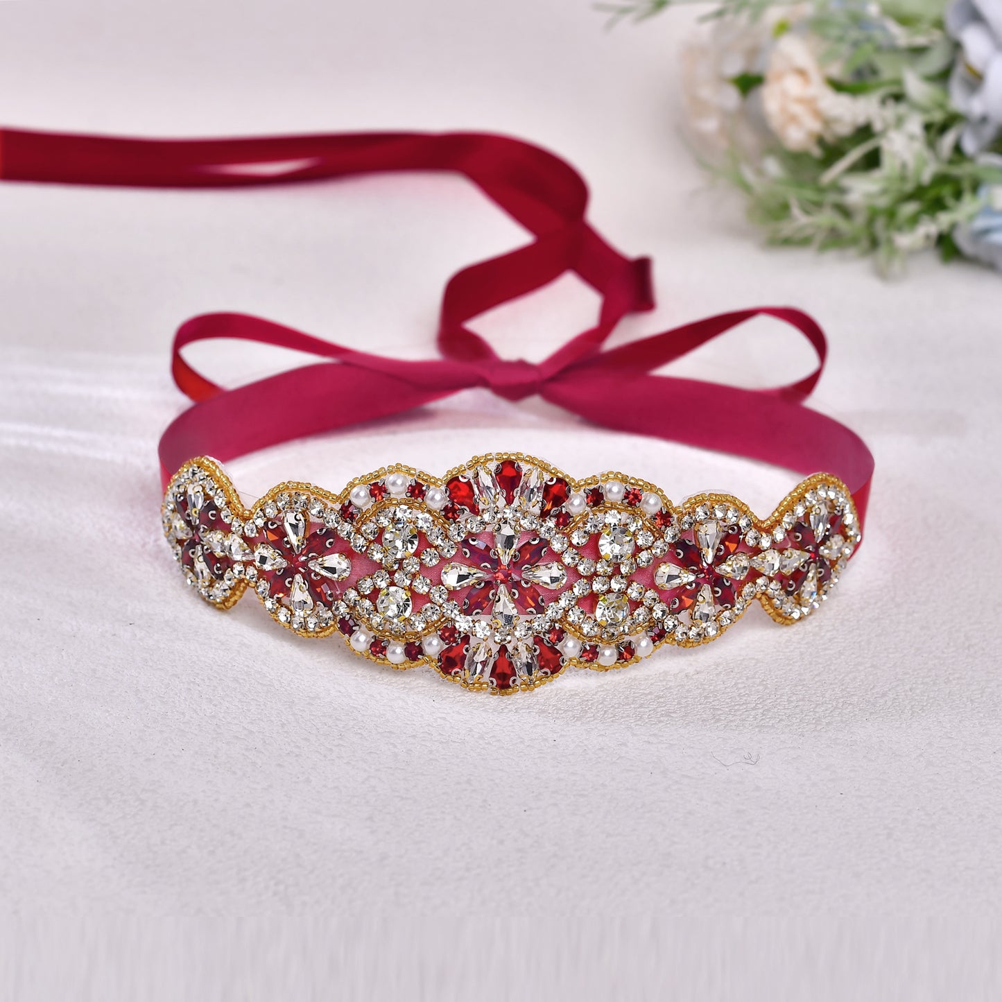 BRIDELLA BS94R Ladies Formal Dress With Wine Red Waistband And Waist Accessories Inlaid With Rhinestones Shining Brightly