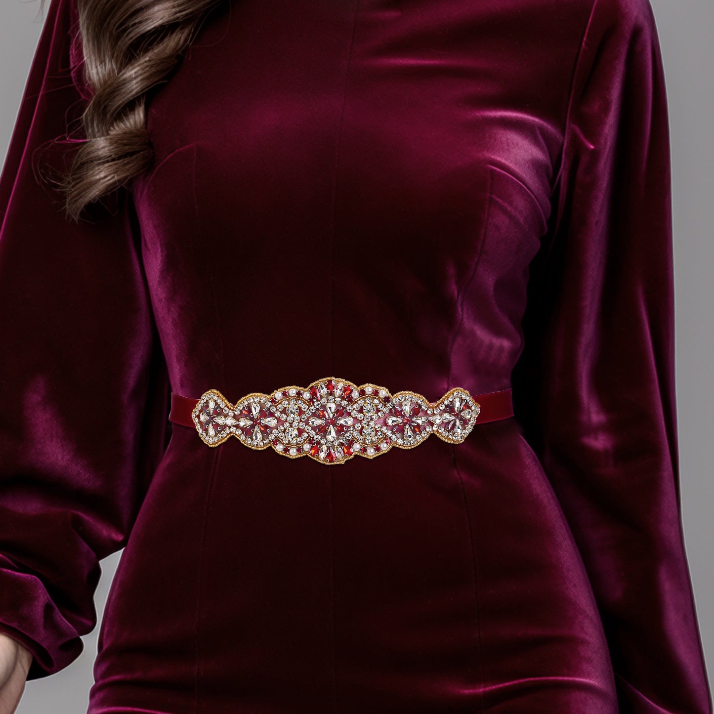 BRIDELLA BS94R Ladies Formal Dress With Wine Red Waistband And Waist Accessories Inlaid With Rhinestones Shining Brightly