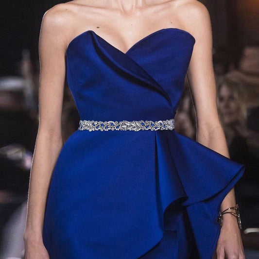 BRIDELLA BS100ML Elegant Ladies Formal Occasion Dress Belt With Deep Blue Gemstone Pearl Diamond Strap