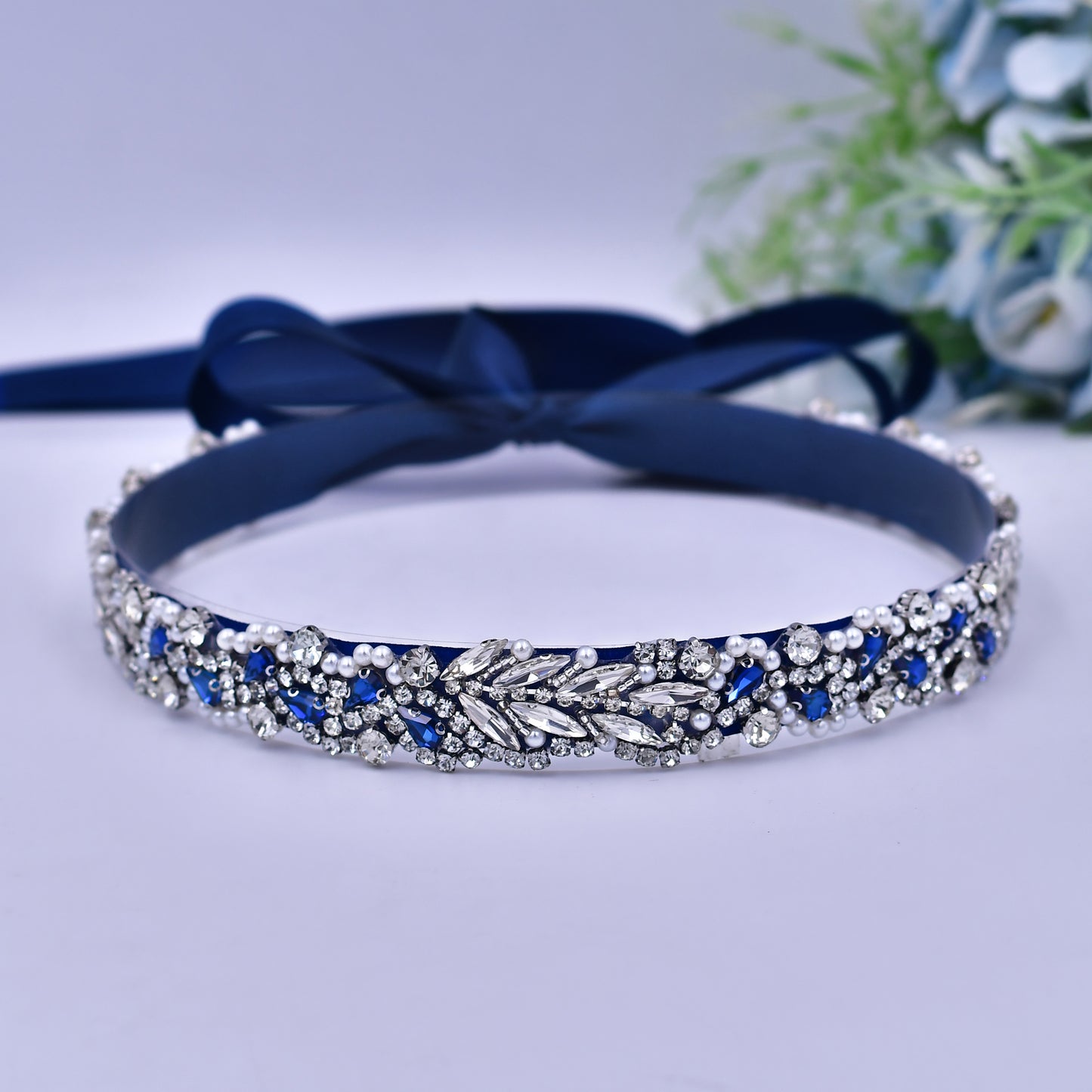 BRIDELLA BS100ML Elegant Ladies Formal Occasion Dress Belt With Deep Blue Gemstone Pearl Diamond Strap