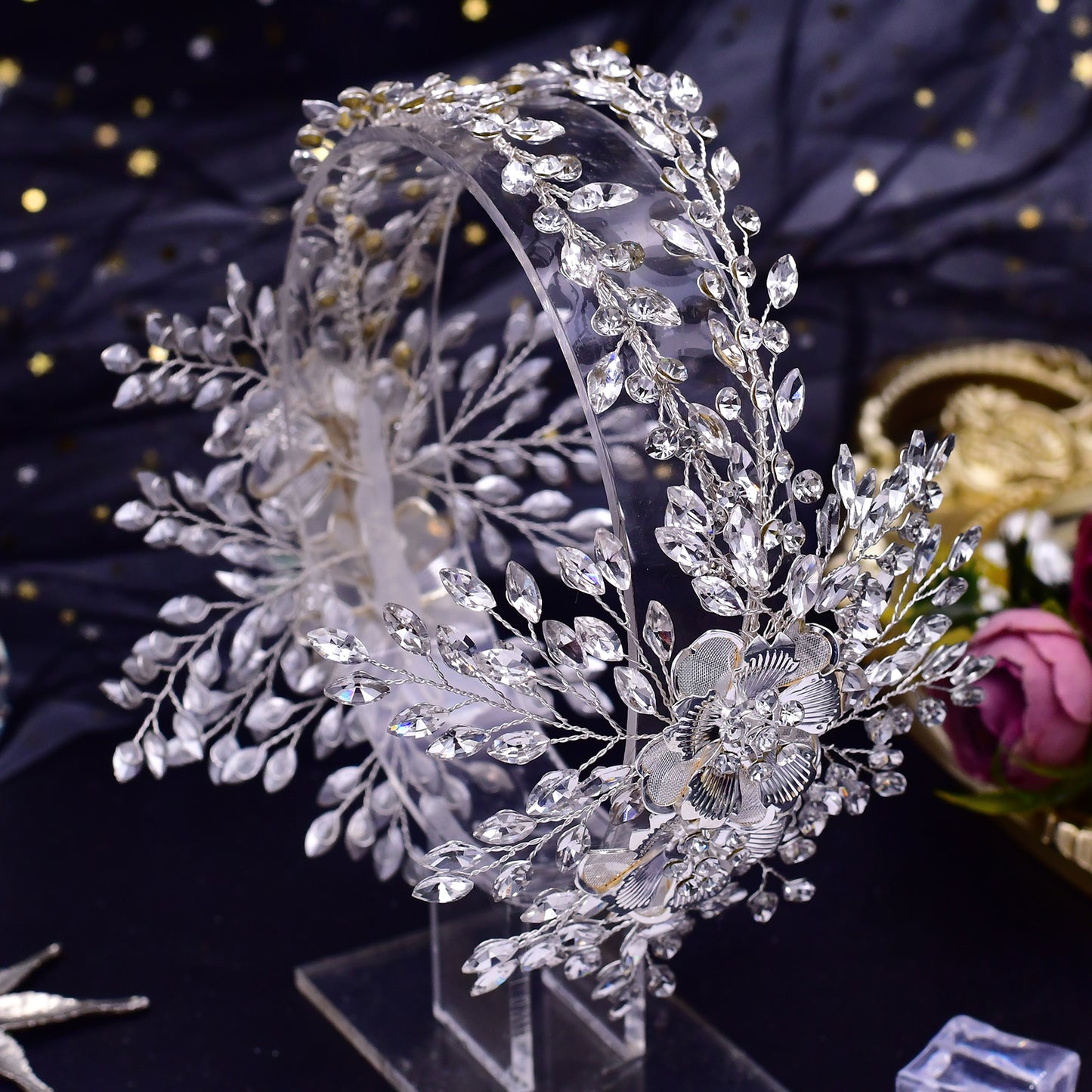 BRIDELLA BHP284 Alloy Flower Headband for Woman Wedding Hair Accessories Bridal Crowns and Tiaras Rhinestone Bride Headdress