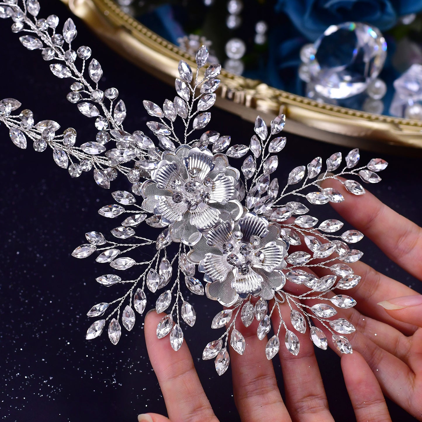 BRIDELLA BHP284 Alloy Flower Headband for Woman Wedding Hair Accessories Bridal Crowns and Tiaras Rhinestone Bride Headdress