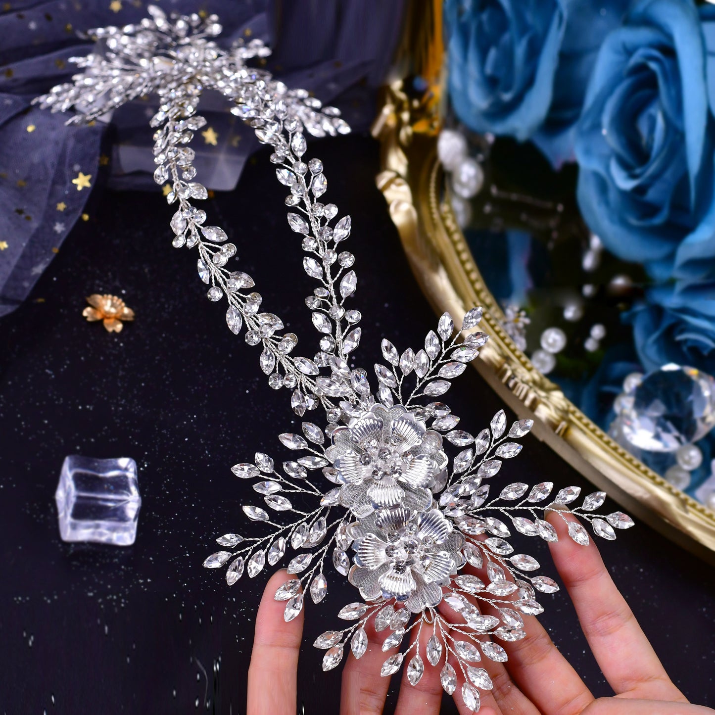 BRIDELLA BHP284 Alloy Flower Headband for Woman Wedding Hair Accessories Bridal Crowns and Tiaras Rhinestone Bride Headdress