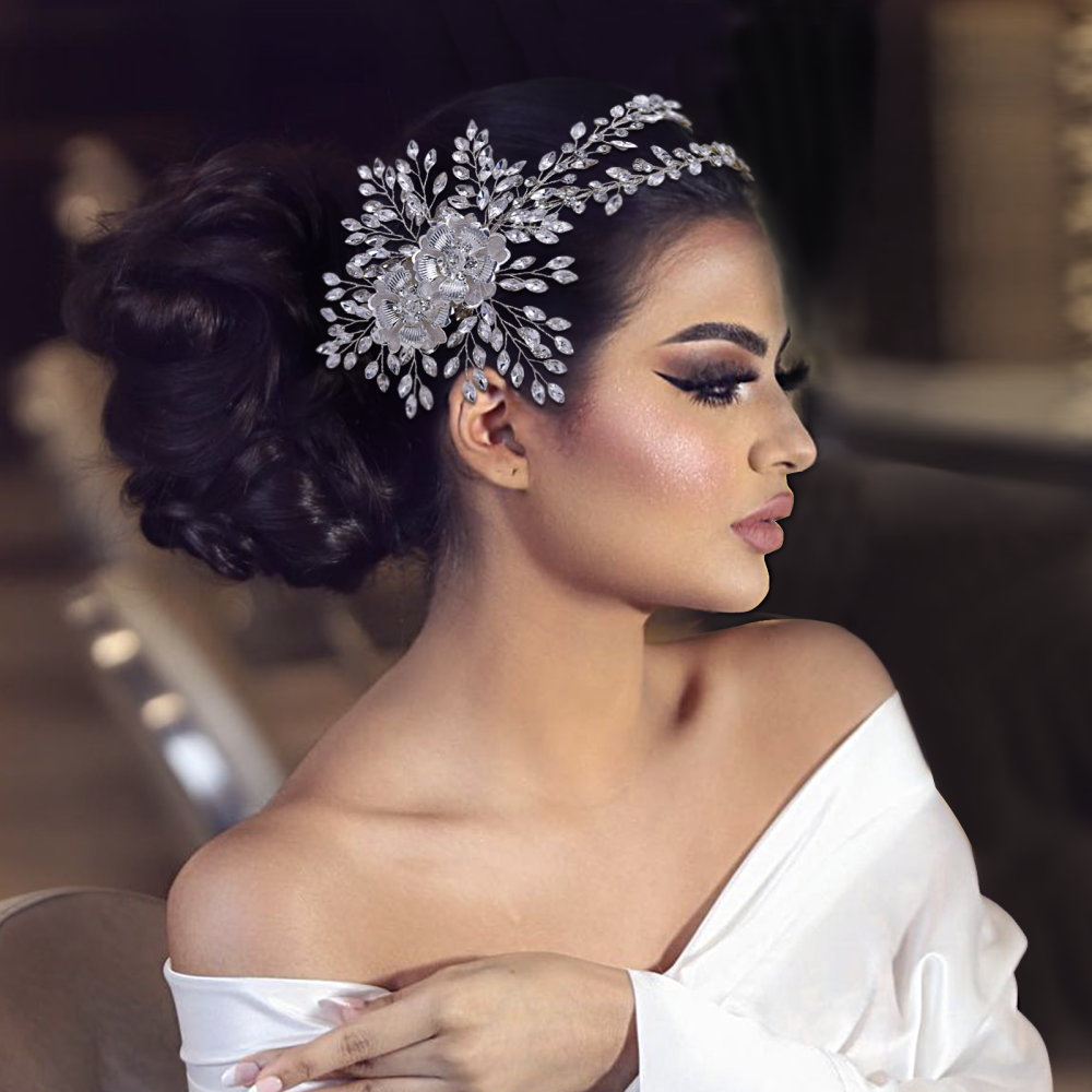 BRIDELLA BHP284 Alloy Flower Headband for Woman Wedding Hair Accessories Bridal Crowns and Tiaras Rhinestone Bride Headdress