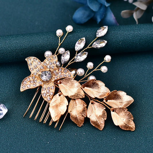 BHP307-G gold rhinestone pearl hair comb
