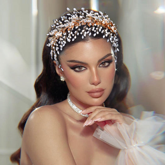 BRIDELLA BHP322 Golden Bridal Tiara and Crown Wedding Headband Hair Jewelry Women Hair Accessories Rhinestone Bridal Headwear