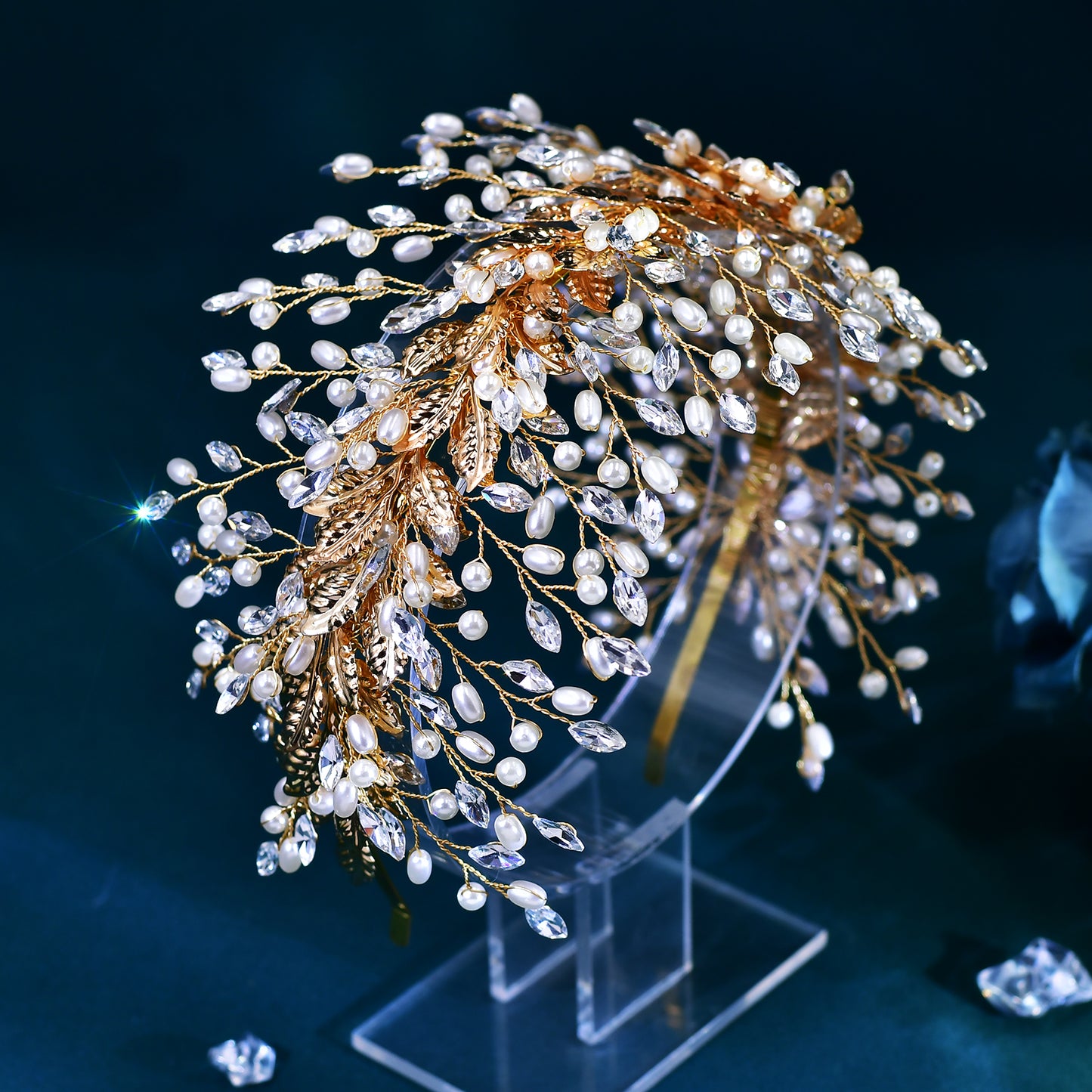 BRIDELLA BHP322 Golden Bridal Tiara and Crown Wedding Headband Hair Jewelry Women Hair Accessories Rhinestone Bridal Headwear