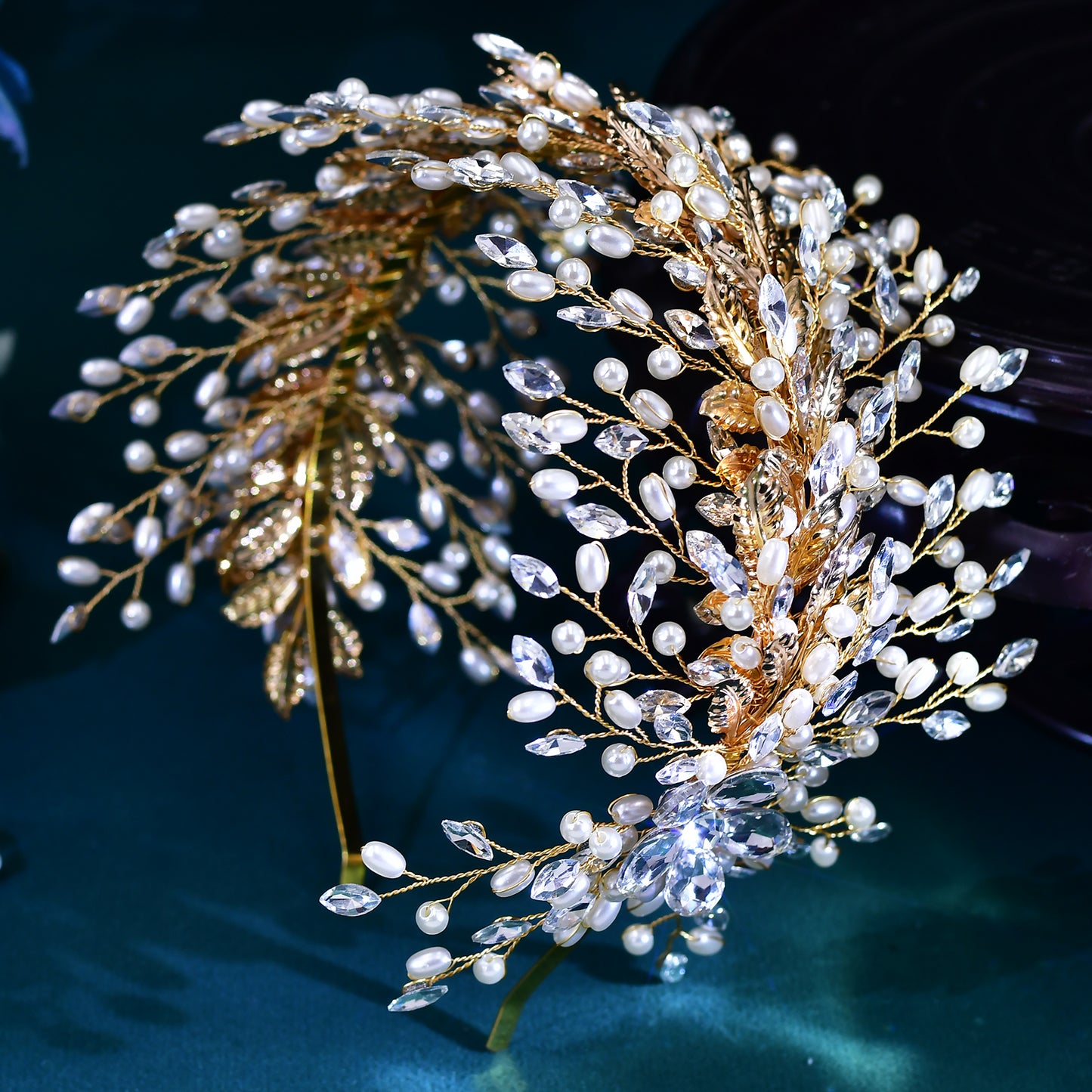 BRIDELLA BHP322 Golden Bridal Tiara and Crown Wedding Headband Hair Jewelry Women Hair Accessories Rhinestone Bridal Headwear