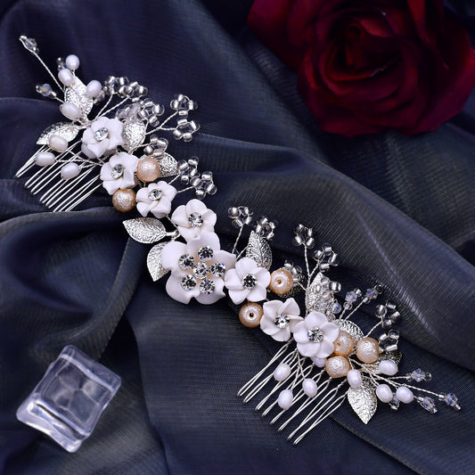 BHP337-S silver rhinestone pearl hair comb