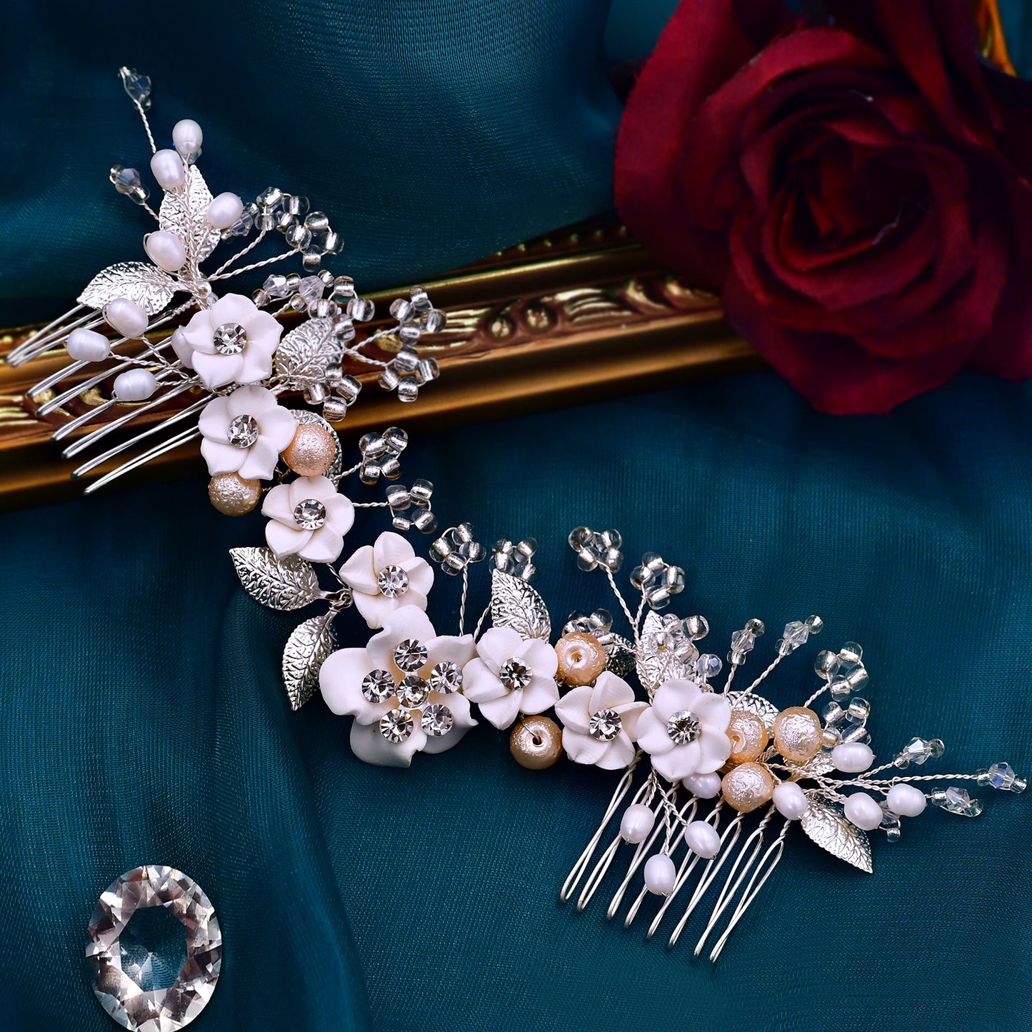 BRIDELLA BHP337 Flower Wedding Hair Comb Crystal Hair Accessories Bridal Side Combs Headpiece for Party Headwear Girl Headdress