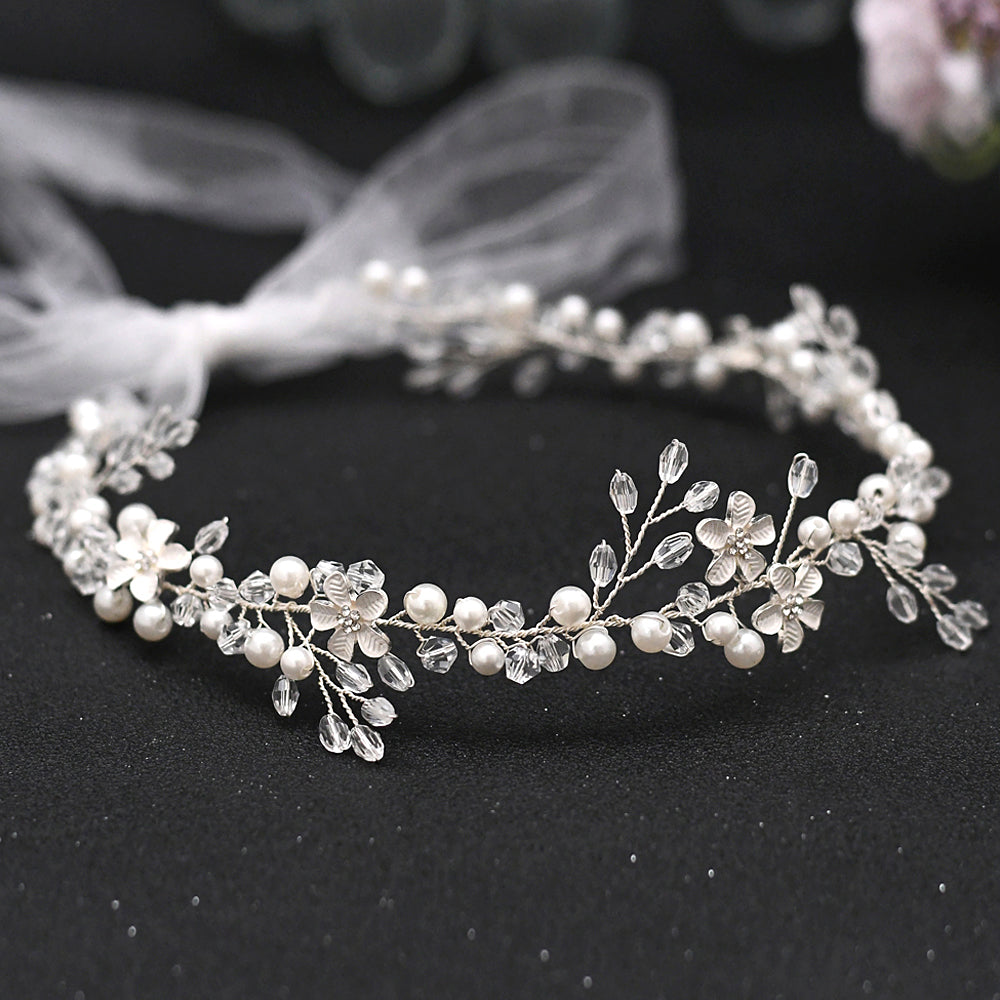 BRIDELLA BHP347 Wedding Pearl Crystal Hair Band Silver Color Headband Bride Headpieces Hair Accessories Handmade Women Headdress