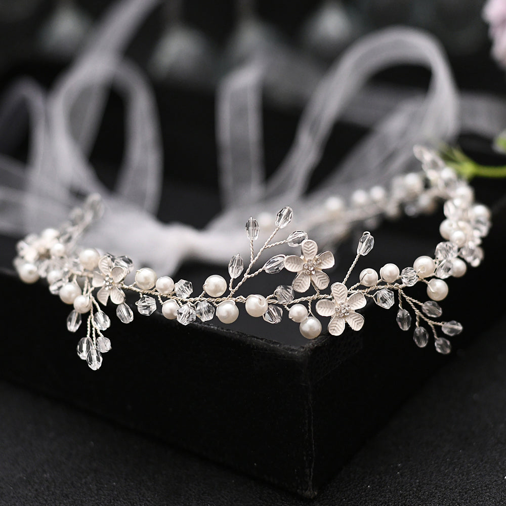 BRIDELLA BHP347 Wedding Pearl Crystal Hair Band Silver Color Headband Bride Headpieces Hair Accessories Handmade Women Headdress