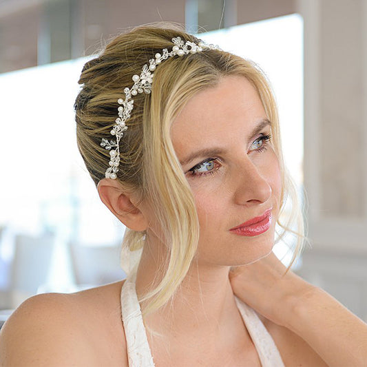 BRIDELLA BHP347 Wedding Pearl Crystal Hair Band Silver Color Headband Bride Headpieces Hair Accessories Handmade Women Headdress