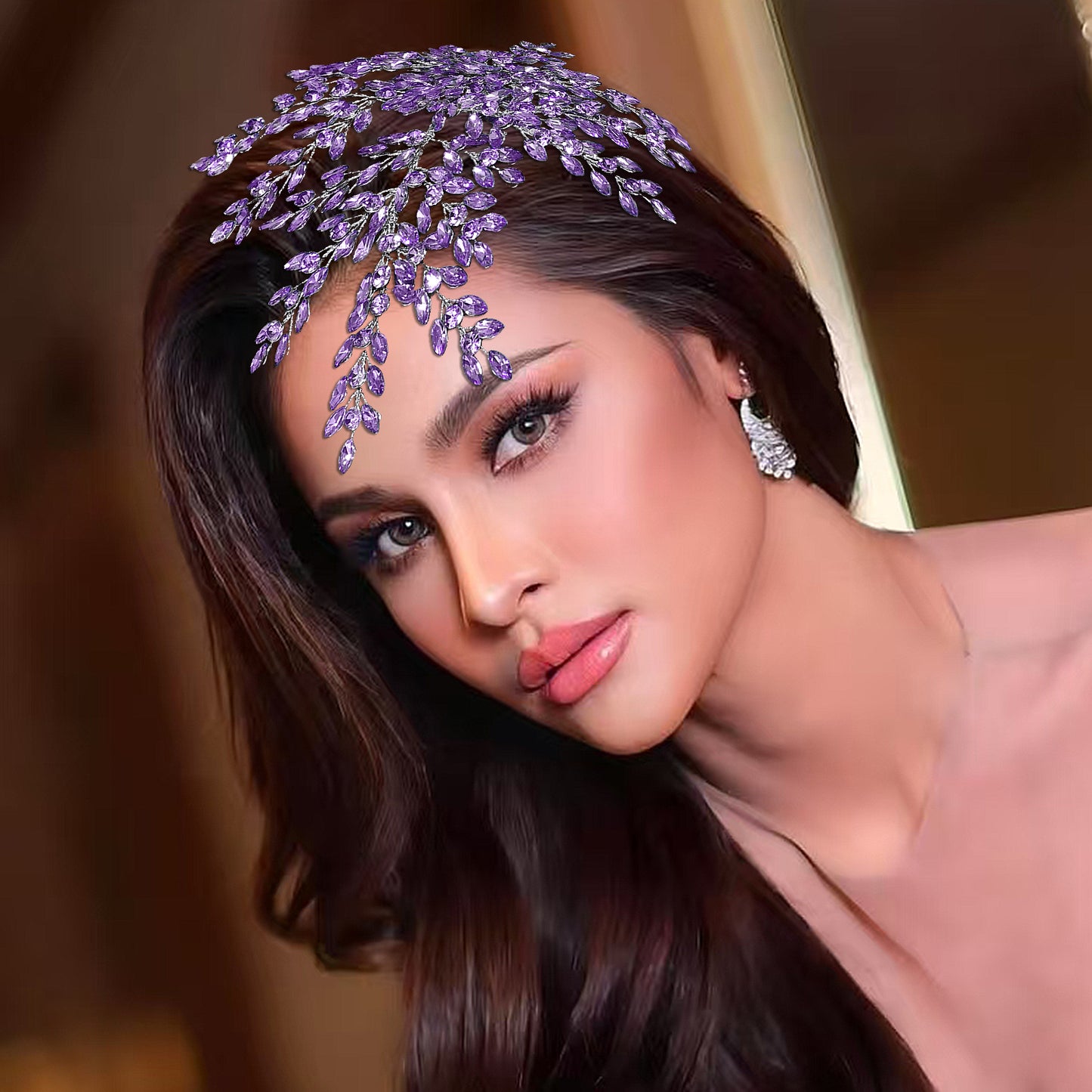 BRIDELLA BHP438 Violet Bling Bridal Headwear Luxury Leaf Wedding Headband Bridal Hair Accessories Fascination for Women Headdresses