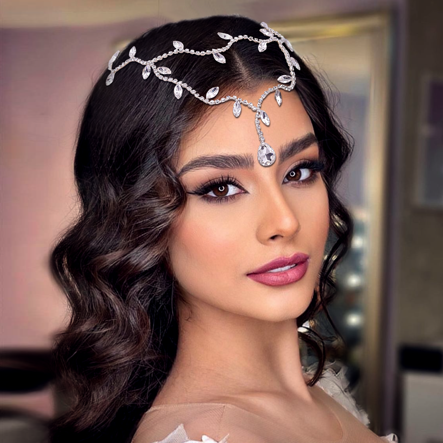 BRIDELLA BHP495 Forehead Pendant Hair Accessory with Diamond Inlay,Handmade Hair Accessory,Wedding Diamond Hair accessory, Bride's forehead Decoration