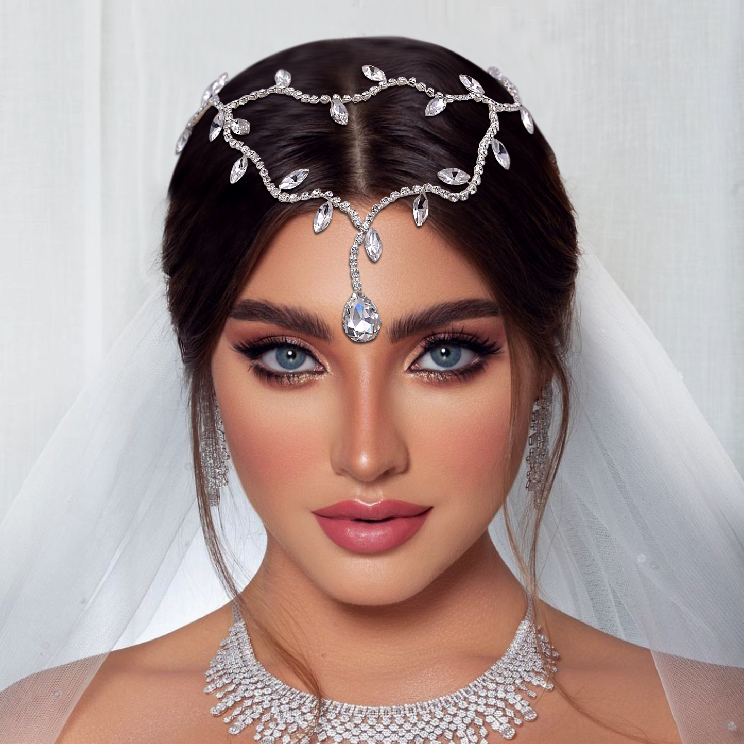 BRIDELLA BHP495 Forehead Pendant Hair Accessory with Diamond Inlay,Handmade Hair Accessory,Wedding Diamond Hair accessory, Bride's forehead Decoration