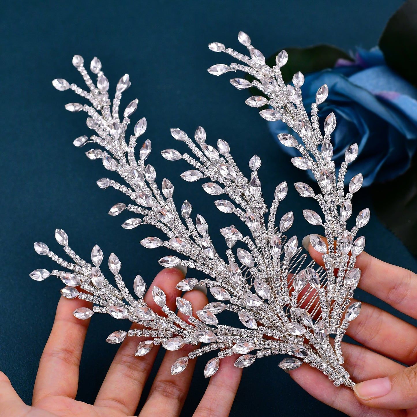BRIDELLA BHP498  Silver Color Bridal Headpiece with Comb Rhinestone Wedding Hair Accessories Luxury Bride Headdress Hair Jewelry