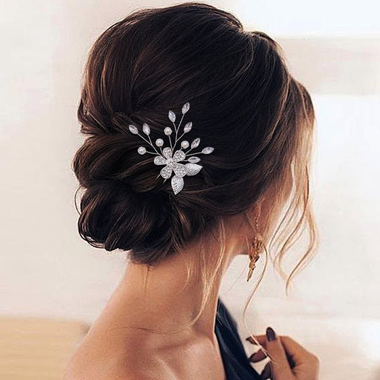 BRIDELLA BHP504 Silver Alloy Leaf Studded Diamond Flowers Hairpin,Color Preserving and Shiny Wedding Hair Accessory, Bridal Headpiece,Handmade Diamond Hair Fork, U-shaped