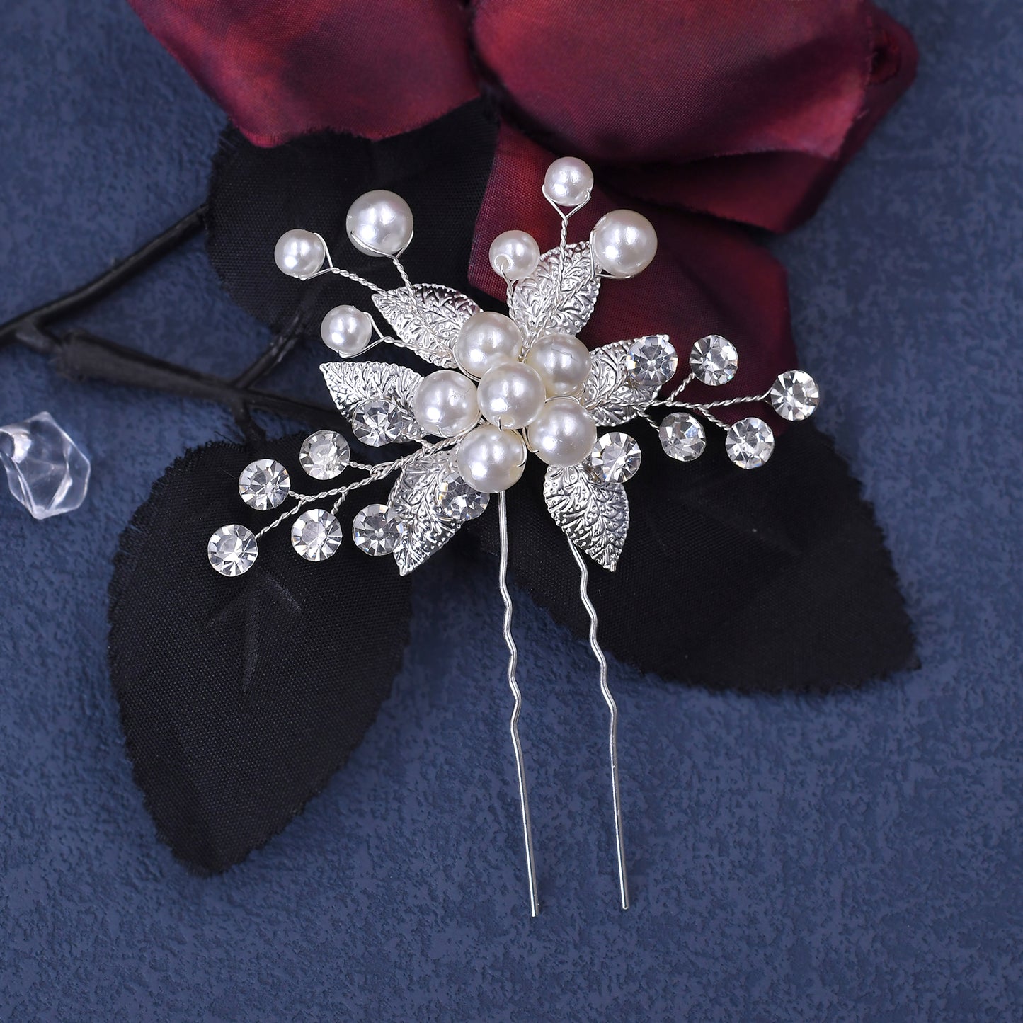 BRIDELLA BHP506 U-shaped Silver Diamond Hairpin,Silver Color Preserving and Shiny Wedding Hair Accessory, Bridal Headpiece,Handmade Pearls Hair Fork
