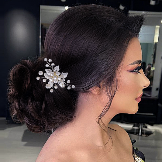 BRIDELLA BHP506 U-shaped Silver Diamond Hairpin,Silver Color Preserving and Shiny Wedding Hair Accessory, Bridal Headpiece,Handmade Pearls Hair Fork