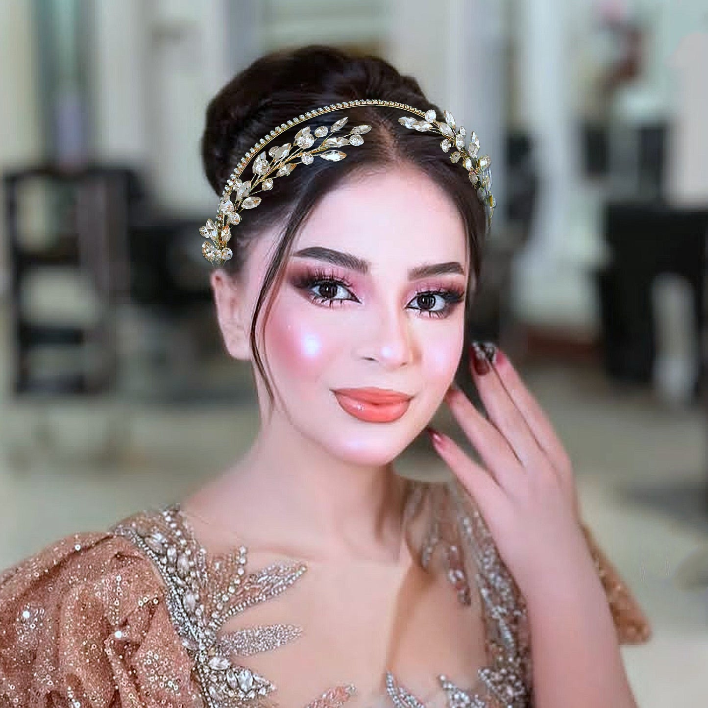 BRIDELLA BHP531 Rhinestone Headband Bride Hairband Wedding Head Hoop Woman Dancing Party Headpiece Champagne Colored Hair Accessories