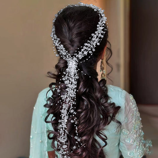 BRIDELLA BHP538 Bridal Pearls Crystals Headband Hair Accessories Woman Hair Vine Beaded Tassel Wreath Wedding Bridesmaid Bride Headpiece