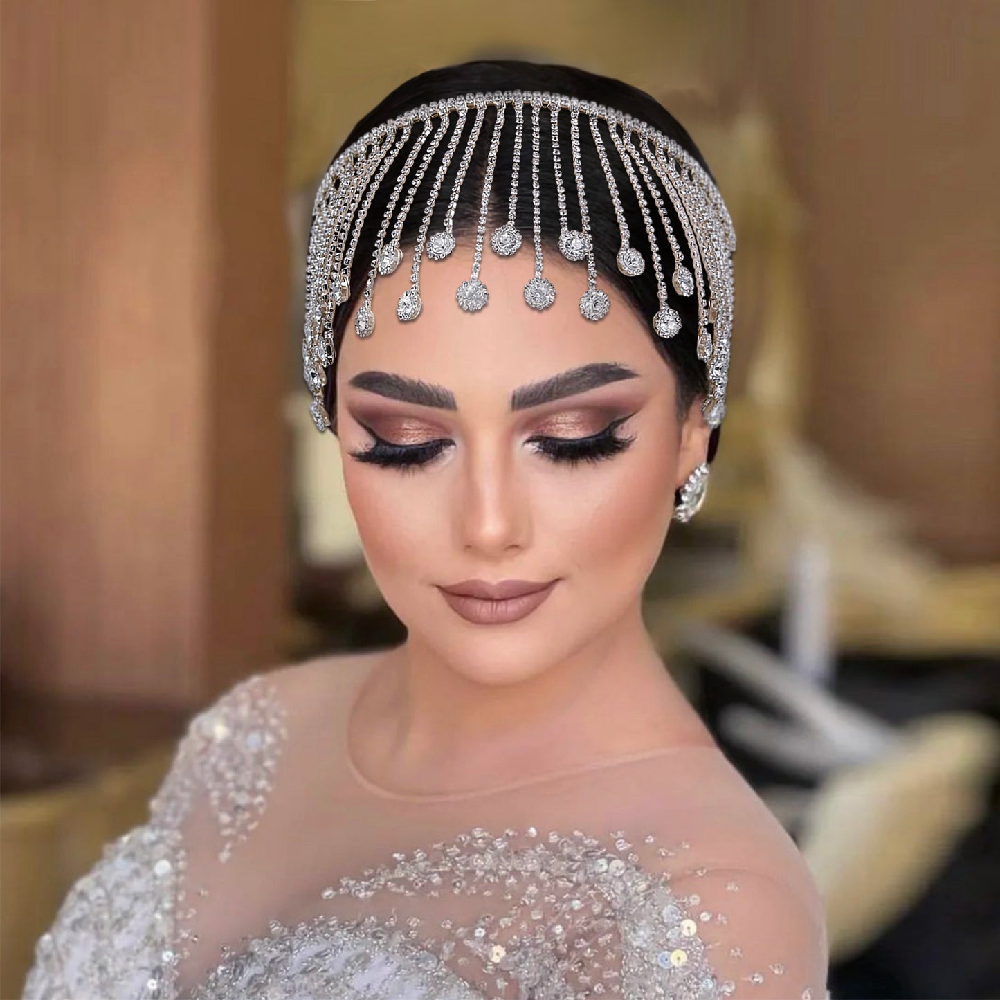 BRIDELLA BHP558 Elegant Rhinestone Chain Forehead Headpieces Handmade Bride Head Hoop Accessories Wedding Headdress Party Gift