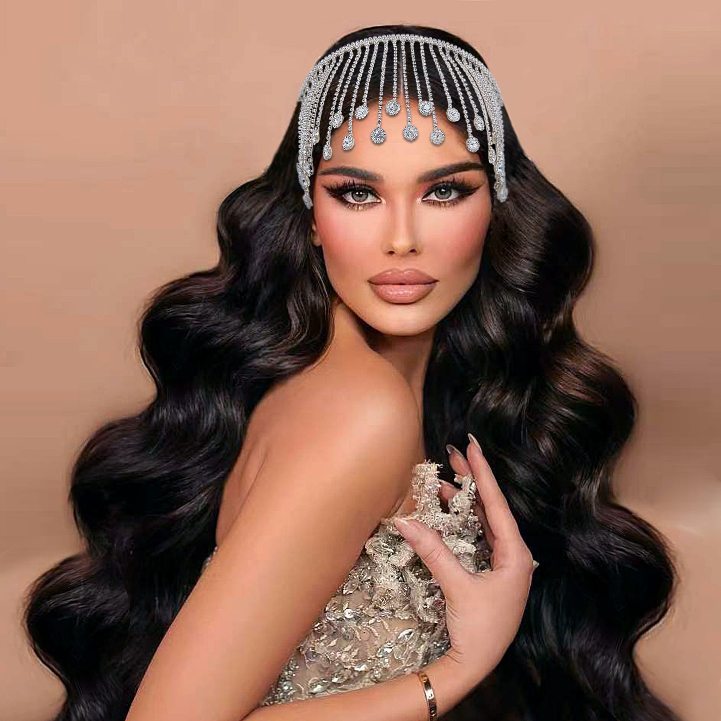 BRIDELLA BHP558 Elegant Rhinestone Chain Forehead Headpieces Handmade Bride Head Hoop Accessories Wedding Headdress Party Gift