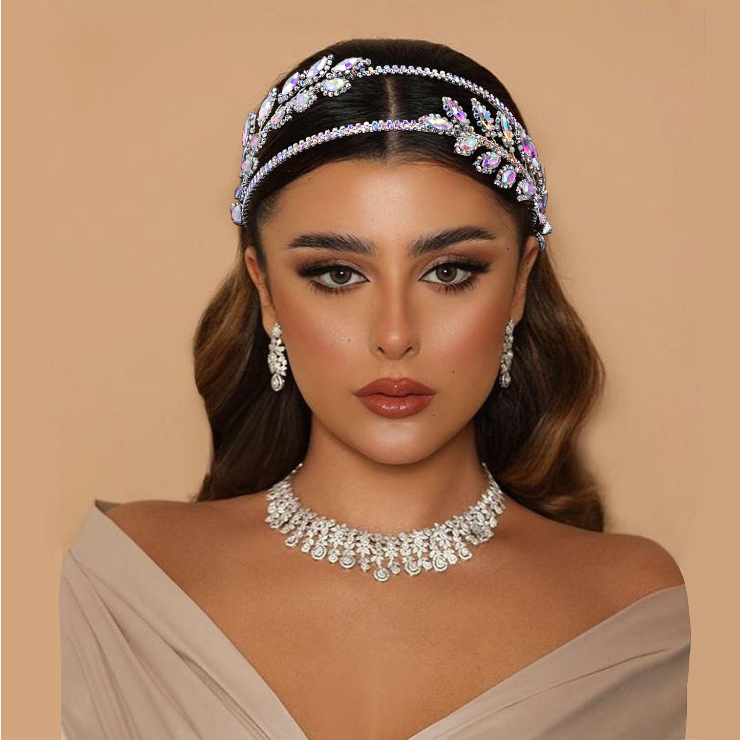 BRIDELLA BHP642 Bride Colorful AB Rhinestone Hair Hoop Handmade Wedding Sparkly Headband Hair Accessories Women Bling Headwear