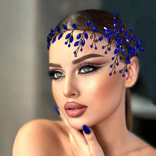 BRIDELLA BHP65 Royal Blue Handmade Rhinestone Woman Headband Bride Wedding Hair Accessories Head Jewelry Bridal Headpieces with Organza