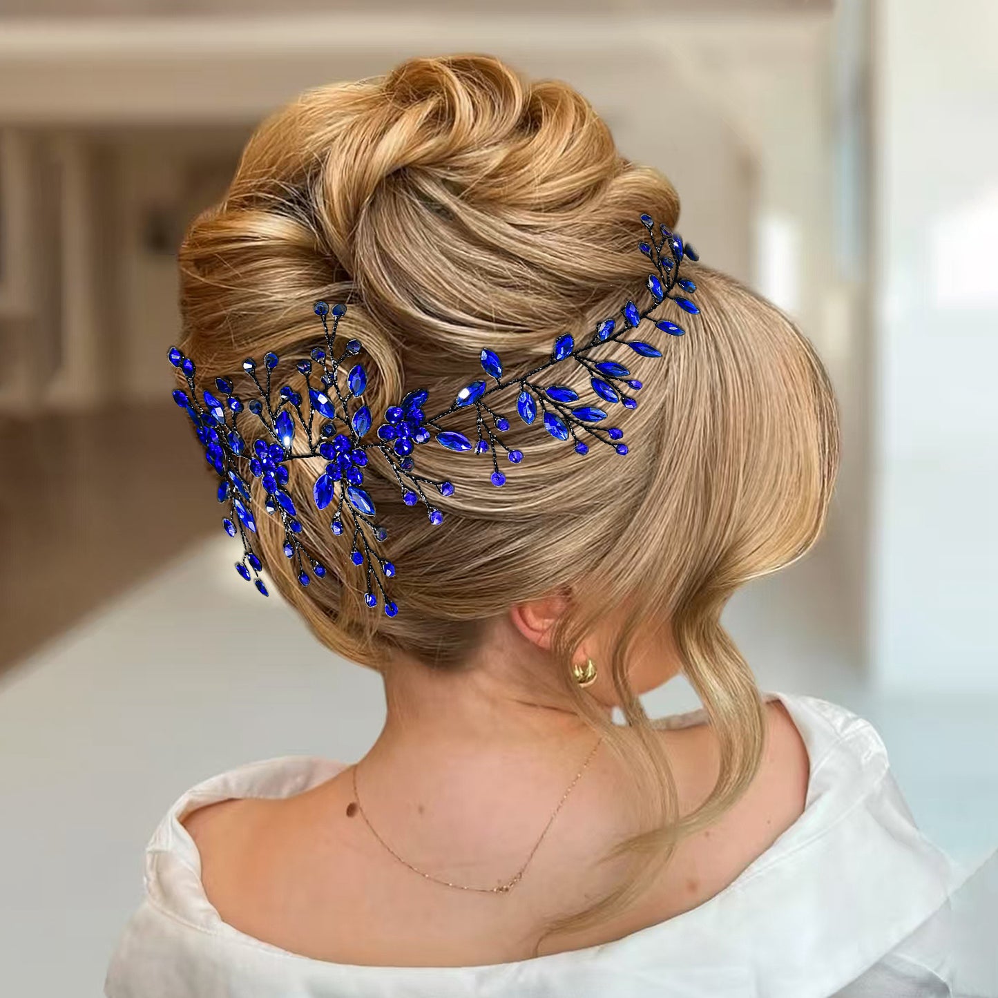 BRIDELLA BHP65 Royal Blue Handmade Rhinestone Woman Headband Bride Wedding Hair Accessories Head Jewelry Bridal Headpieces with Organza
