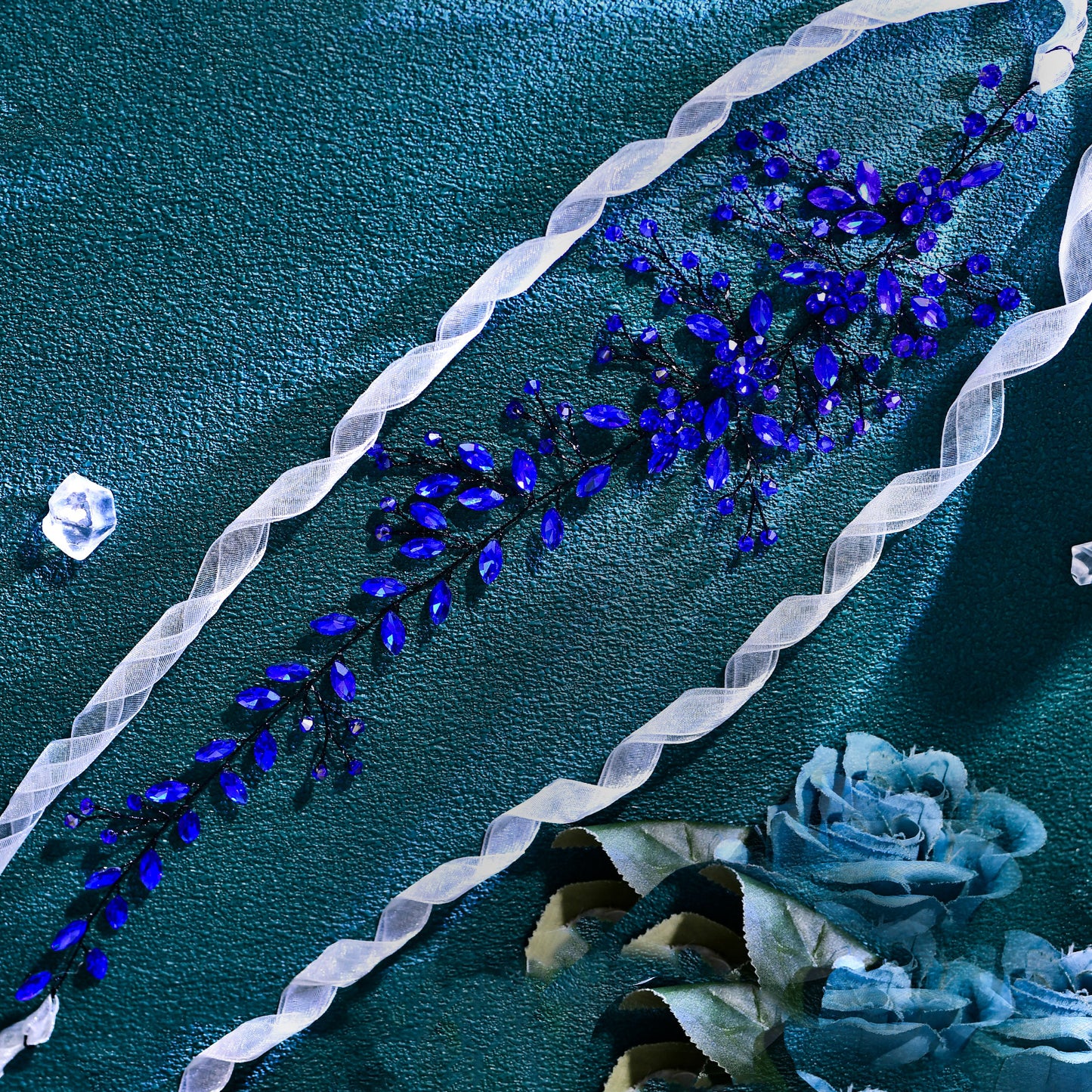 BRIDELLA BHP65 Royal Blue Handmade Rhinestone Woman Headband Bride Wedding Hair Accessories Head Jewelry Bridal Headpieces with Organza