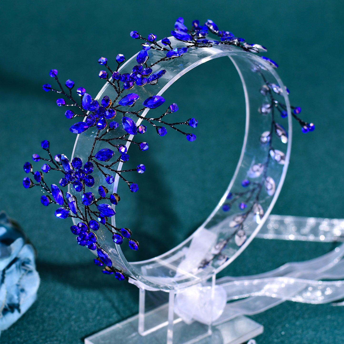BRIDELLA BHP65 Royal Blue Handmade Rhinestone Woman Headband Bride Wedding Hair Accessories Head Jewelry Bridal Headpieces with Organza
