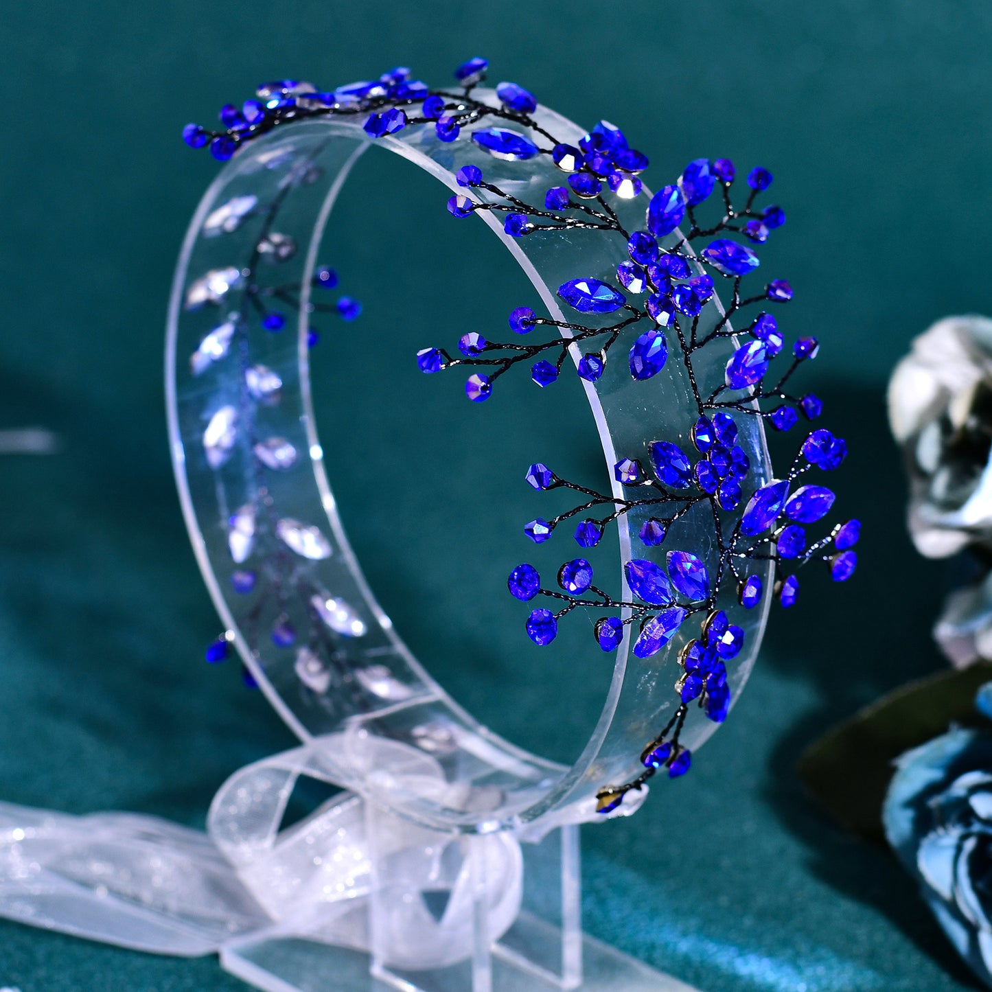 BRIDELLA BHP65 Royal Blue Handmade Rhinestone Woman Headband Bride Wedding Hair Accessories Head Jewelry Bridal Headpieces with Organza