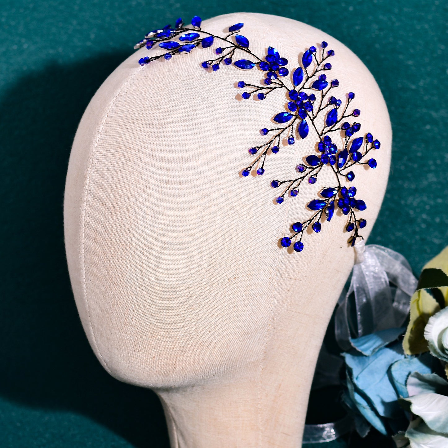 BRIDELLA BHP65 Royal Blue Handmade Rhinestone Woman Headband Bride Wedding Hair Accessories Head Jewelry Bridal Headpieces with Organza